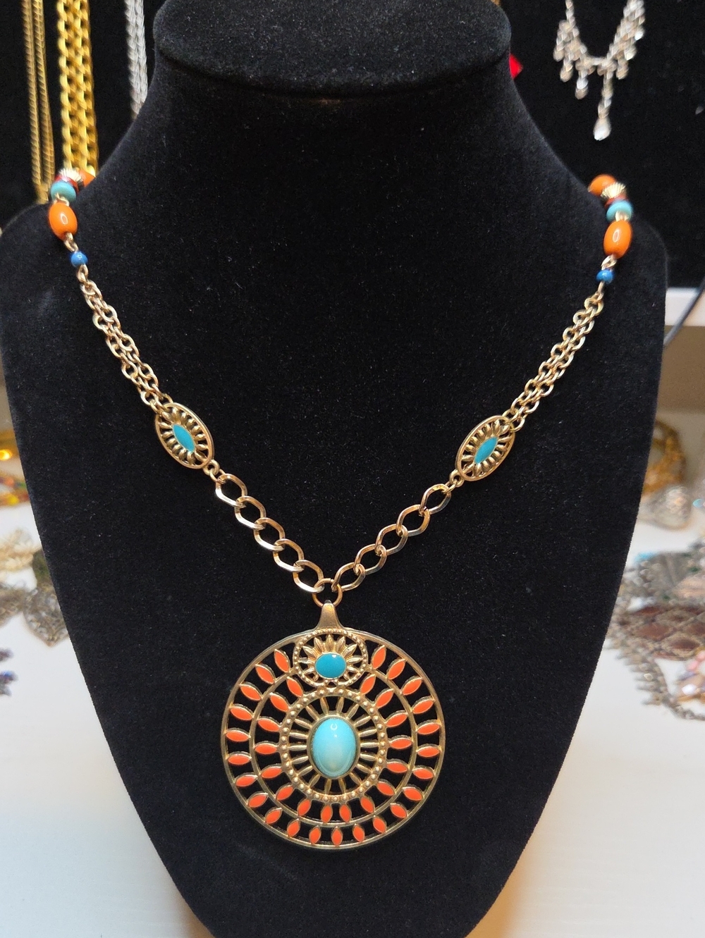 Gold-Tone Turquoise & Orange Medallion Necklace